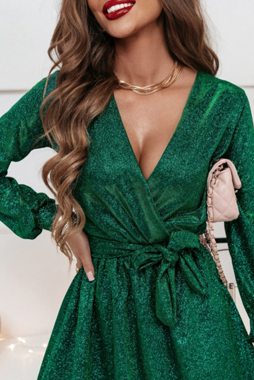 Blackish Green Metallic Wrapped V Neck Tied Waist Long Sleeve Mini Dress