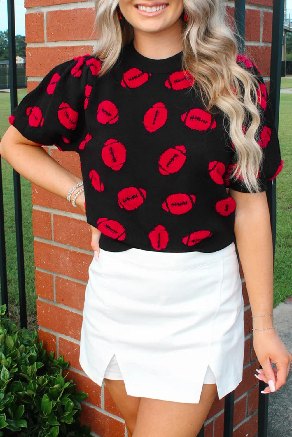 Black Rugby Print Casual Knit Short Sleeve Sweater