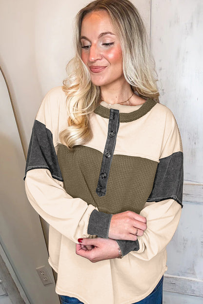 Green Color Block Waffled Patchwork Loose Henley Top