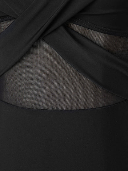 Black Mesh Crisscross Halter One-Piece Swimsuit with Sheer Inserts