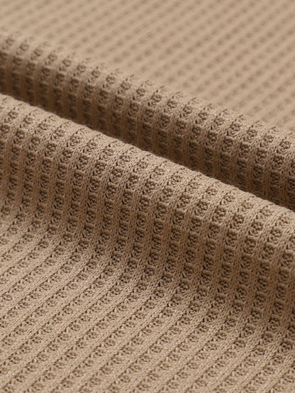 Khaki Exposed Seam Waffle Knit Hoodie with Adjustable Drawstring