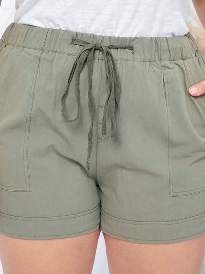 Green Cotton High Waist Loose Fit Shorts with Drawstring Waistband