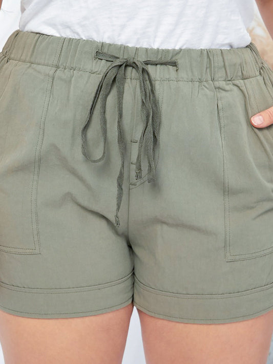 Green Cotton High Waist Loose Fit Shorts with Drawstring Waistband
