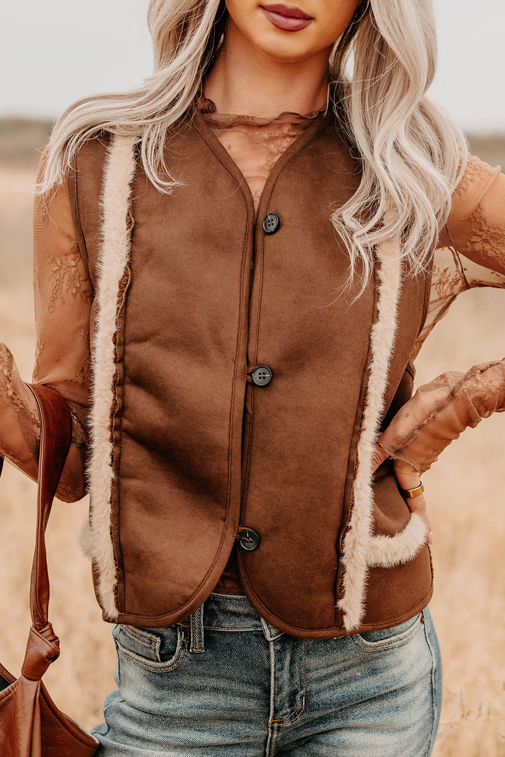 Coffee Faux Suede Plush Trim Button Down Vest