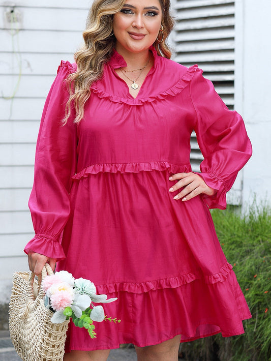 Rosy V-Neck Ruffle Detail Plus Size Shift Dress