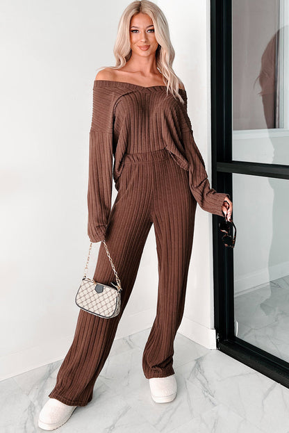 Coffee Wide Rib Knit Drop Shoulder V Neck Pullover Loose Pants Set