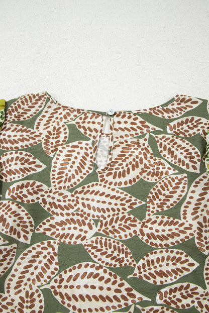 Green Abstract Leafy Print Contrast Ruffle Trim Long Sleeve Blouse