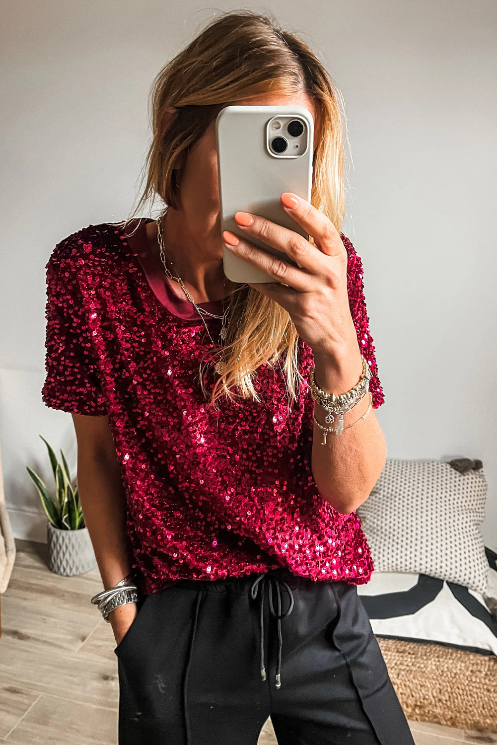 Burgundy Sequin Holiday Crew Neck Sparkly T-Shirt