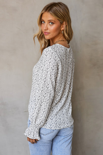 Floral Print Bubble Sleeve Black Blouse with Crinkle Texture