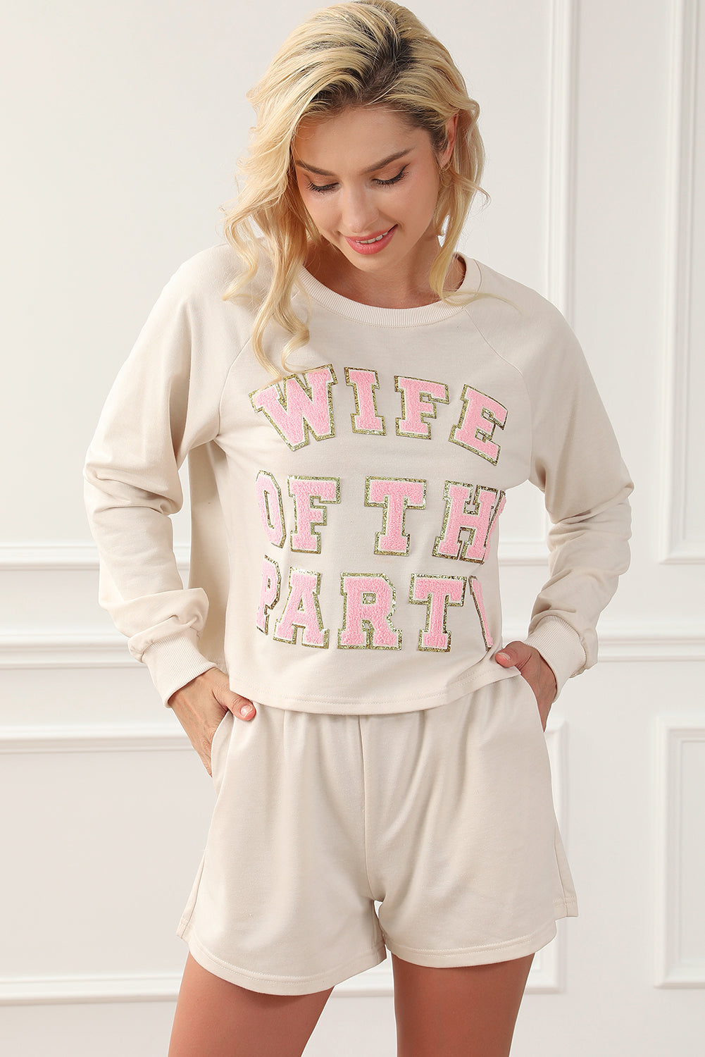 Apricot Letter Printed Cozy Lounge Set with Long Sleeve Top and Shorts