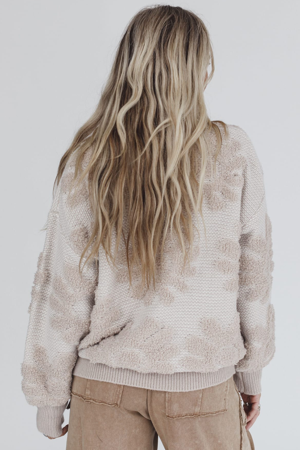 Khaki Plush Flower Pattern Drop Shoulder Sweater