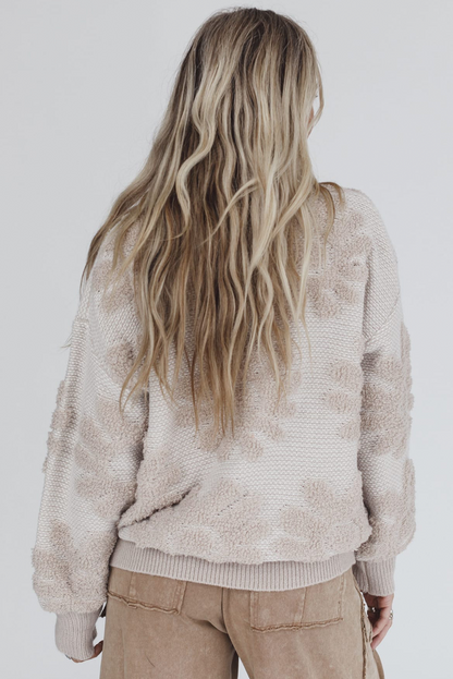 Khaki Plush Flower Pattern Drop Shoulder Sweater