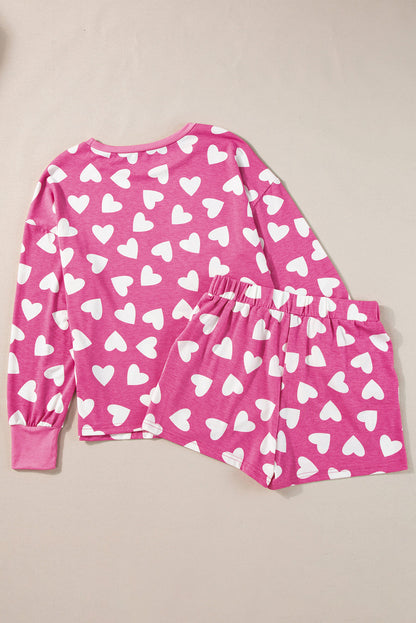 Heartfelt Pink Valentine's Day Lounge Set with Heart Print Top and Shorts