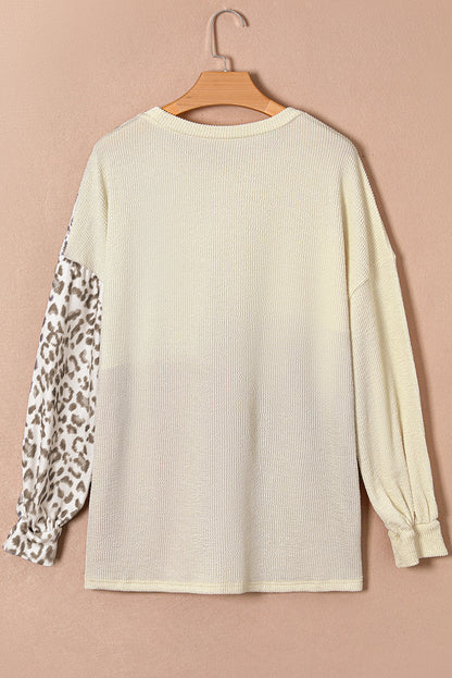 Khaki Ribbed Leopard Print Plus Size Bubble Sleeve Top