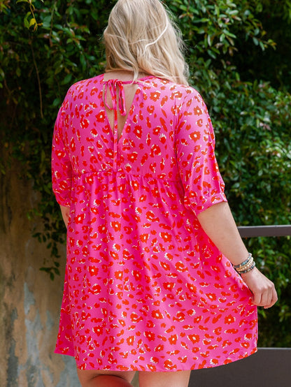 Leopard Print Plus Size Babydoll Dress with V Neck and Bubble Sleeves