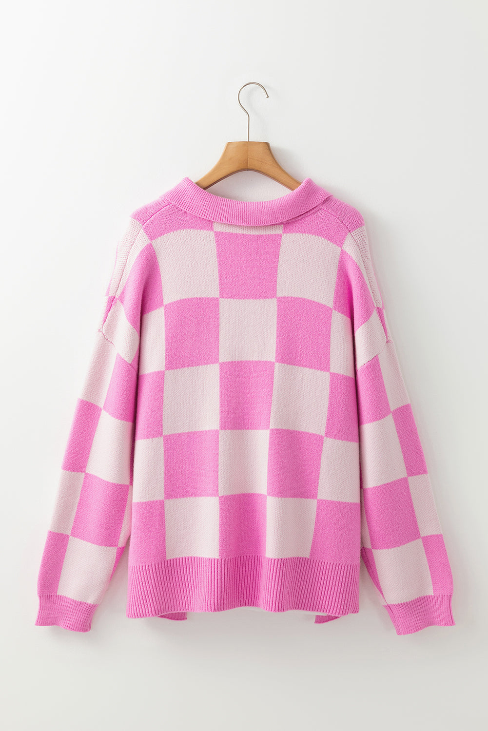 Pink Plus Size Checkered Collared Half Button Sweater