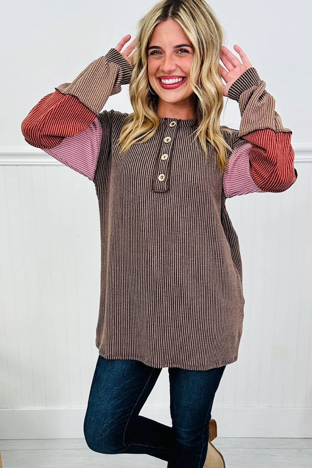 Goat Twisted Ribbed Exposed Seam Color Block Patchwork Long Sleeve Henley Top