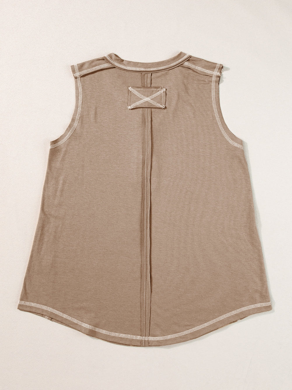 French Beige Henley Tank Top with Chic Contrast Stitching