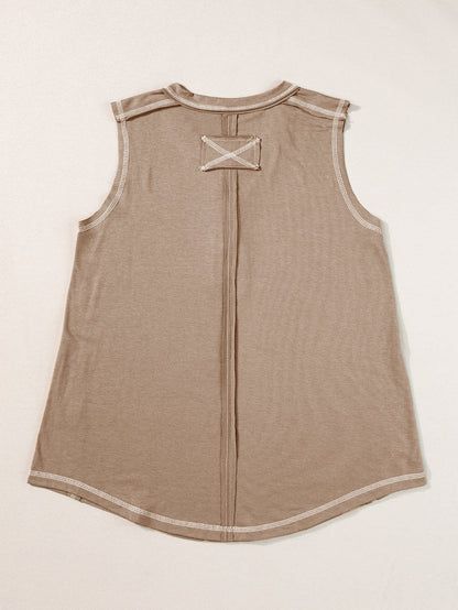 French Beige Henley Tank Top with Chic Contrast Stitching
