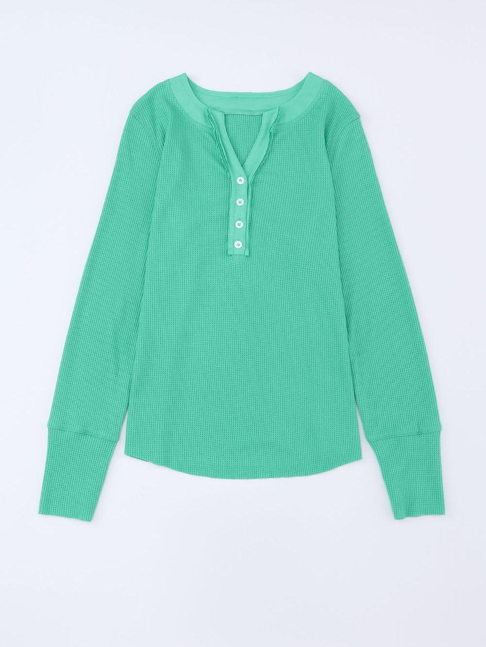Green Button-Up Waffle Knit Henley Top