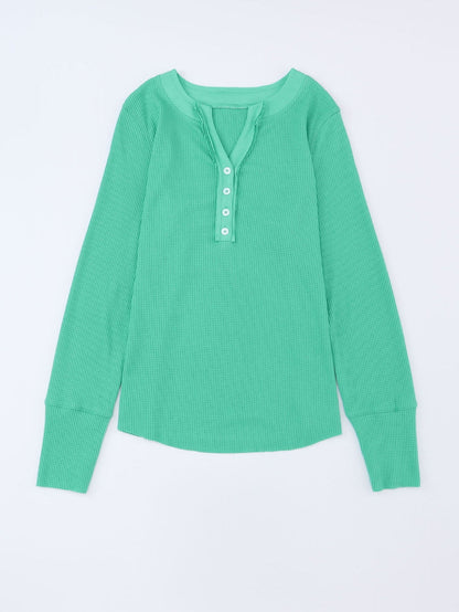 Green Button-Up Waffle Knit Henley Top