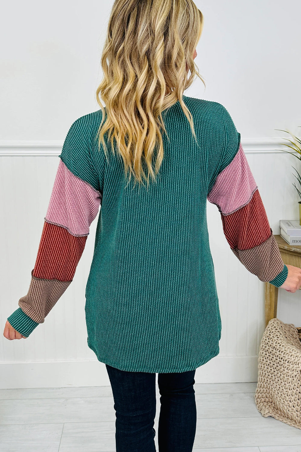 Lapis Twisted Ribbed Exposed Seam Color Block Patchwork Long Sleeve Henley Top