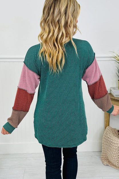 Lapis Twisted Ribbed Exposed Seam Color Block Patchwork Long Sleeve Henley Top