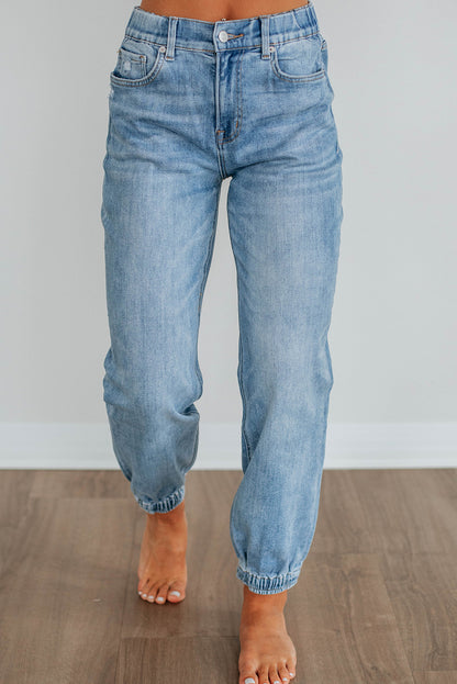 Beau Blue Button Zip Fly Elastic Waist Cuffed Casual Jeans