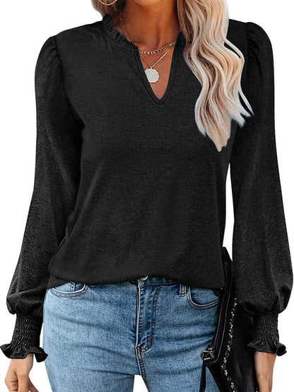 Elegant Black V Neck Top with Puff Long Sleeves