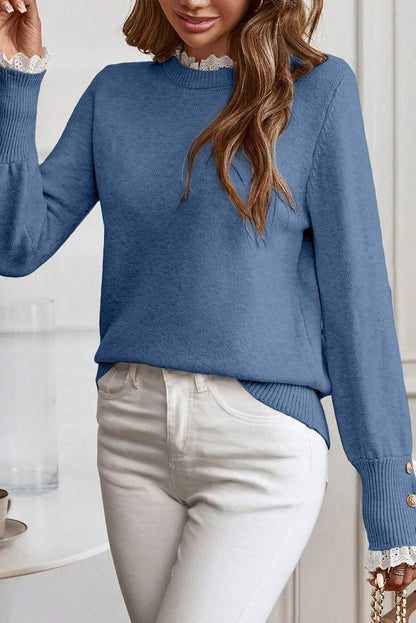 Dusk Blue Lace Trim Patchwork Buttoned Cuffs Loose Sweater