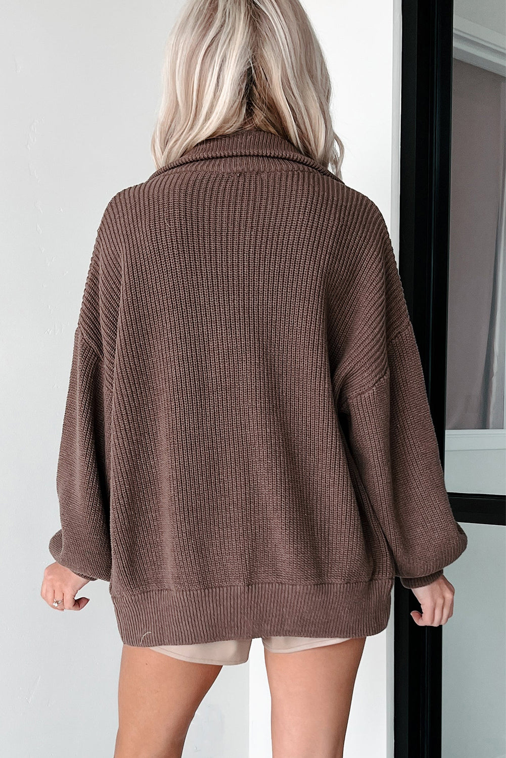 Chicory Coffee Drop Shoulder Collared Zip Up Sweater Cardigan
