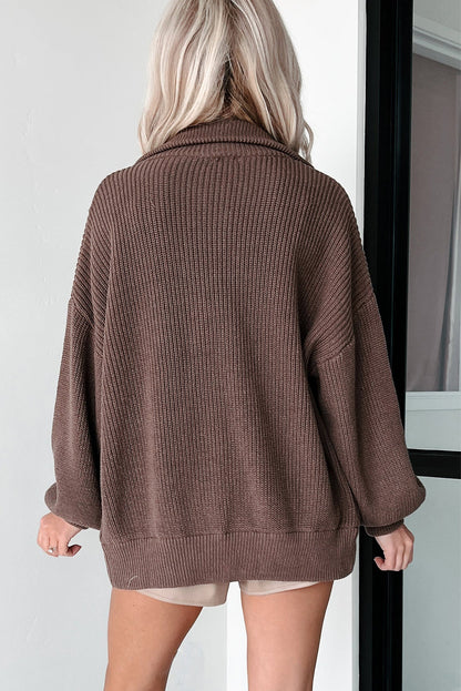 Chicory Coffee Drop Shoulder Collared Zip Up Sweater Cardigan