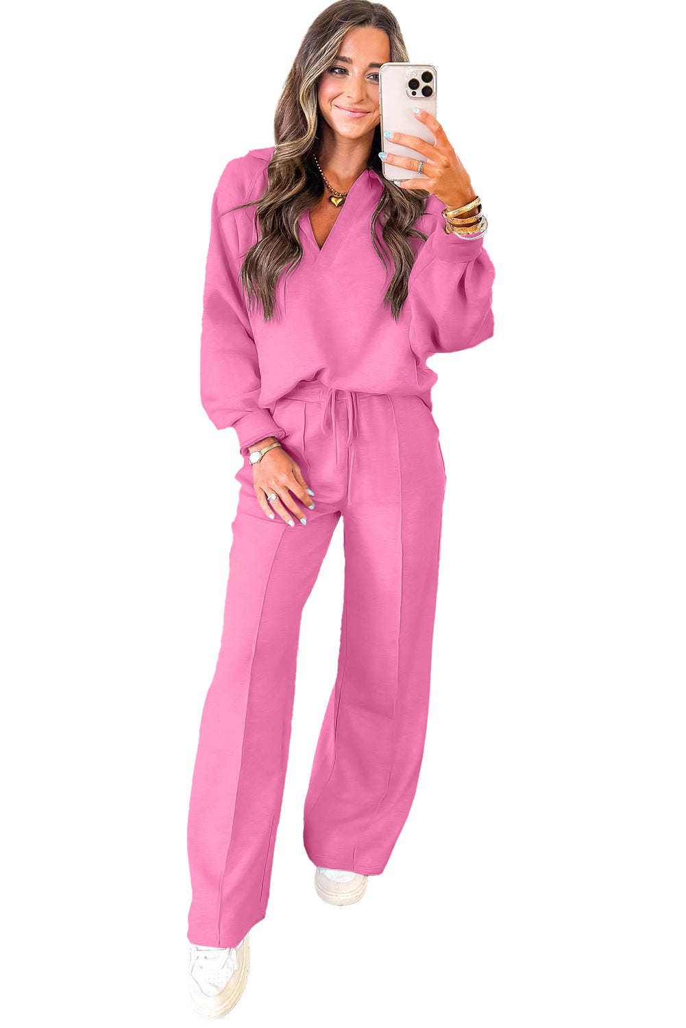 Bright Pink Polo Collar V Neck Pullover and Drawstring Sweatpants Set