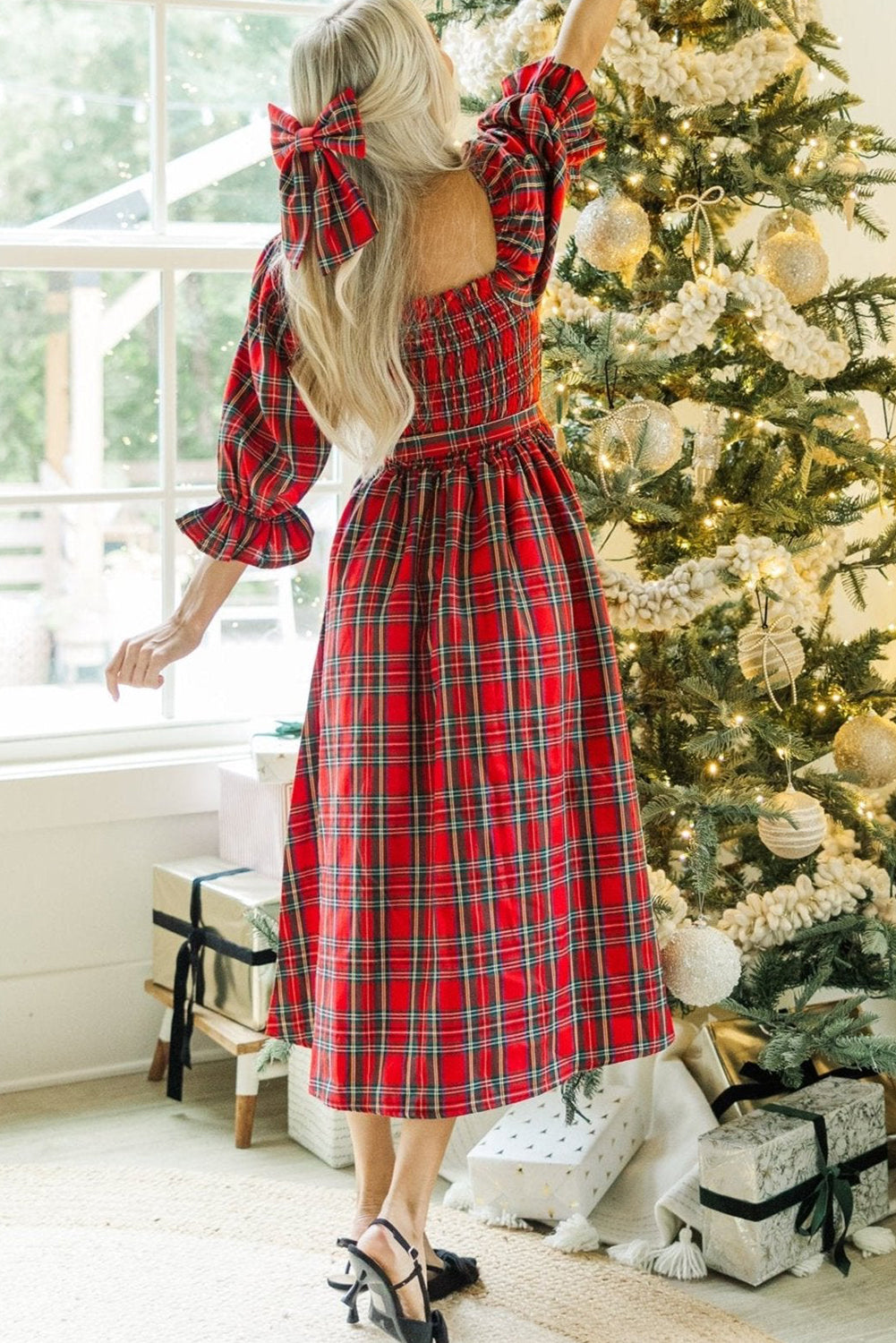 Red Tartan Plaid Square Neck Puff Sleeve Knot Waist Flared Midi Dress