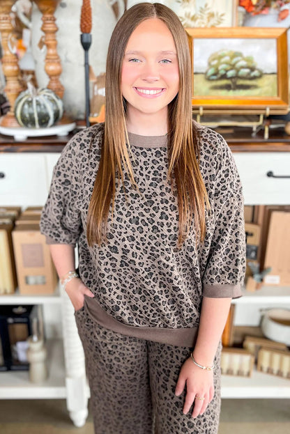 Khaki Leopard Ribbed Patchwork Long Sleeve Pullover Wide Leg Pant Set