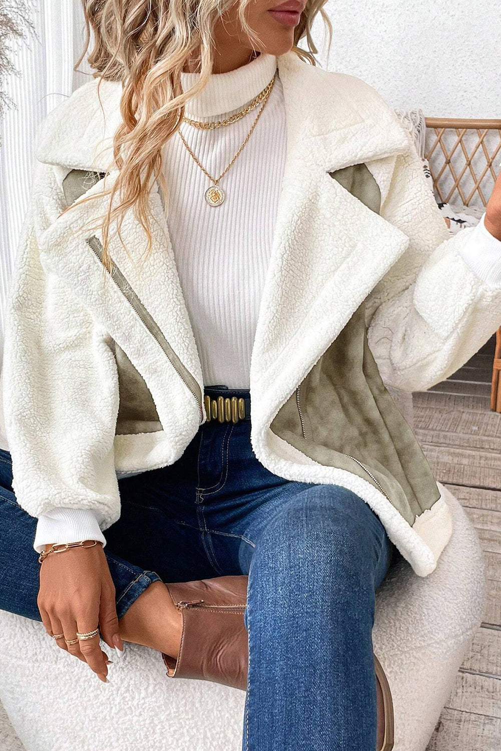 Laurel Green Faux Suede Sherpa Patchwork Zip Up Pocketed Jacket