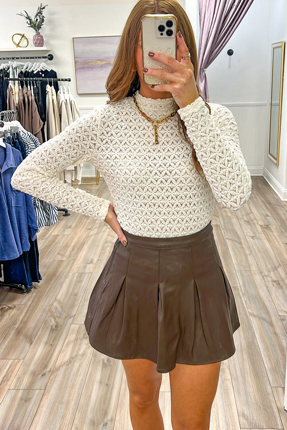 White Flower Lace Mock Neck Slim Long Sleeve Top