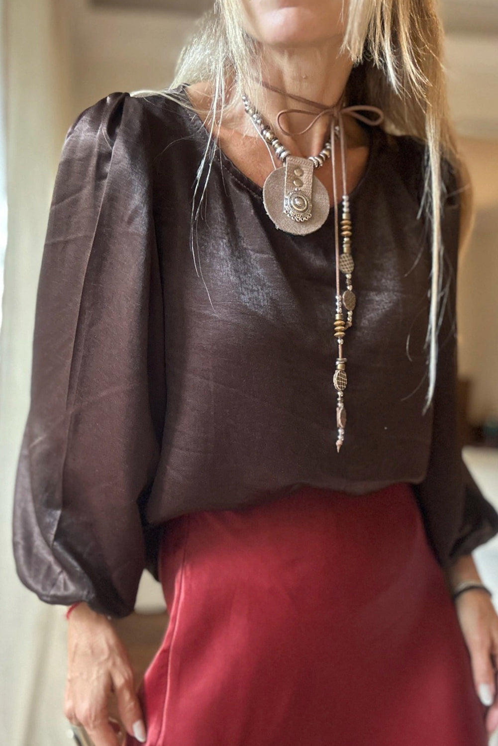 Chicory Coffee Satin Puff Sleeve Elegant Top