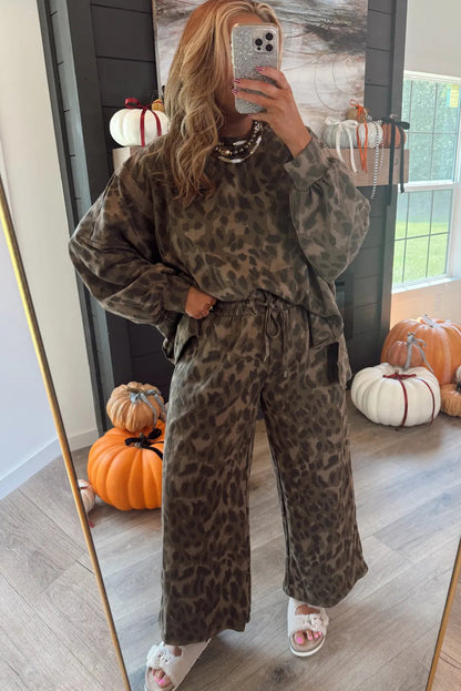 Brown Leopard Print Raw Seam Patchwork Pullover Drawstring Loose Pant Set