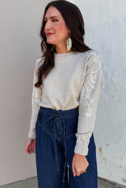 Simply Taupe Contrast Embroidered Sleeve Ribbed Trim Casual Sweater