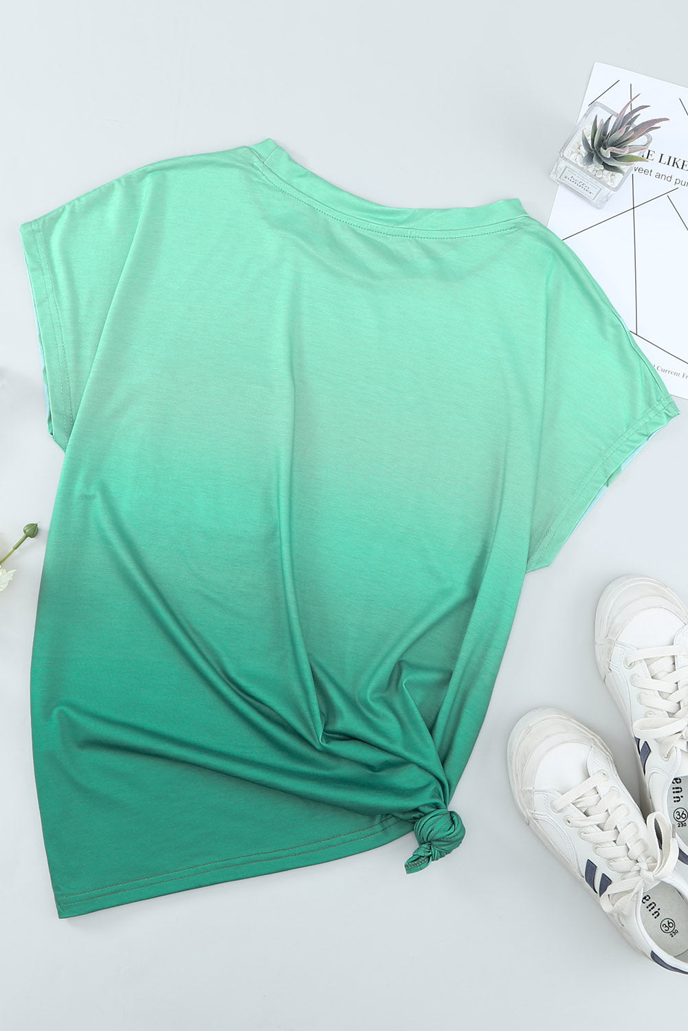 Green Striped Short Sleeve T-Shirt with Pocket and Gradient Color Detail