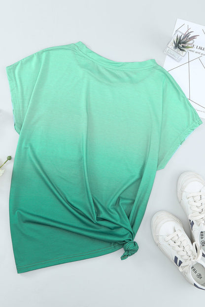 Green Striped Short Sleeve T-Shirt with Pocket and Gradient Color Detail
