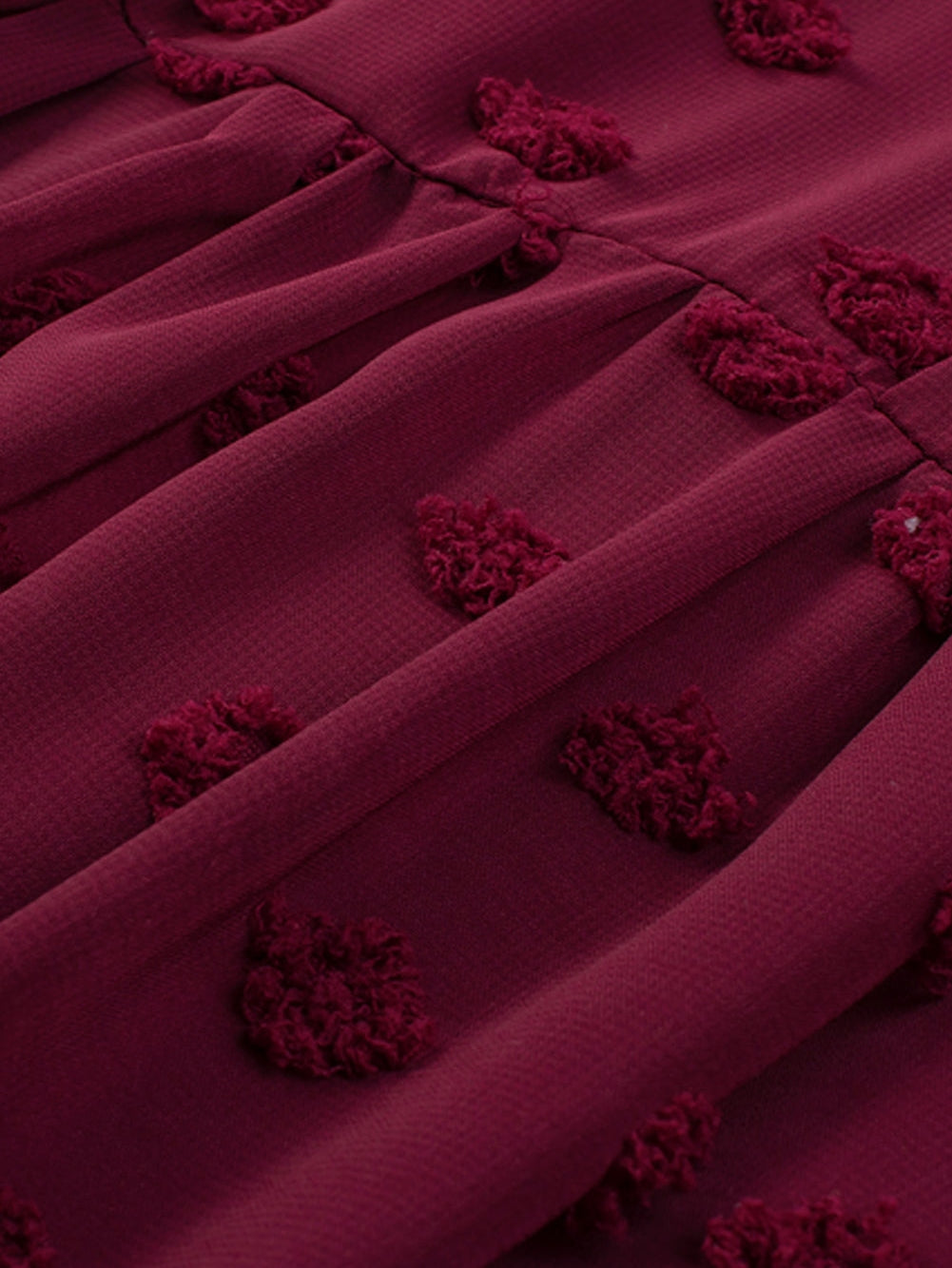 Swiss Dot Burgundy Plus Size V-Neck Mini Dress with Ruffled Sleeves