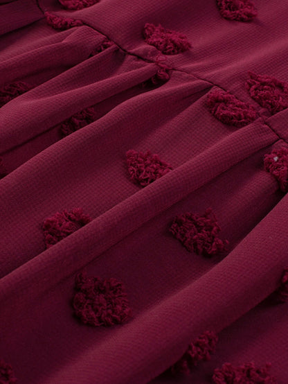 Swiss Dot Burgundy Plus Size V-Neck Mini Dress with Ruffled Sleeves