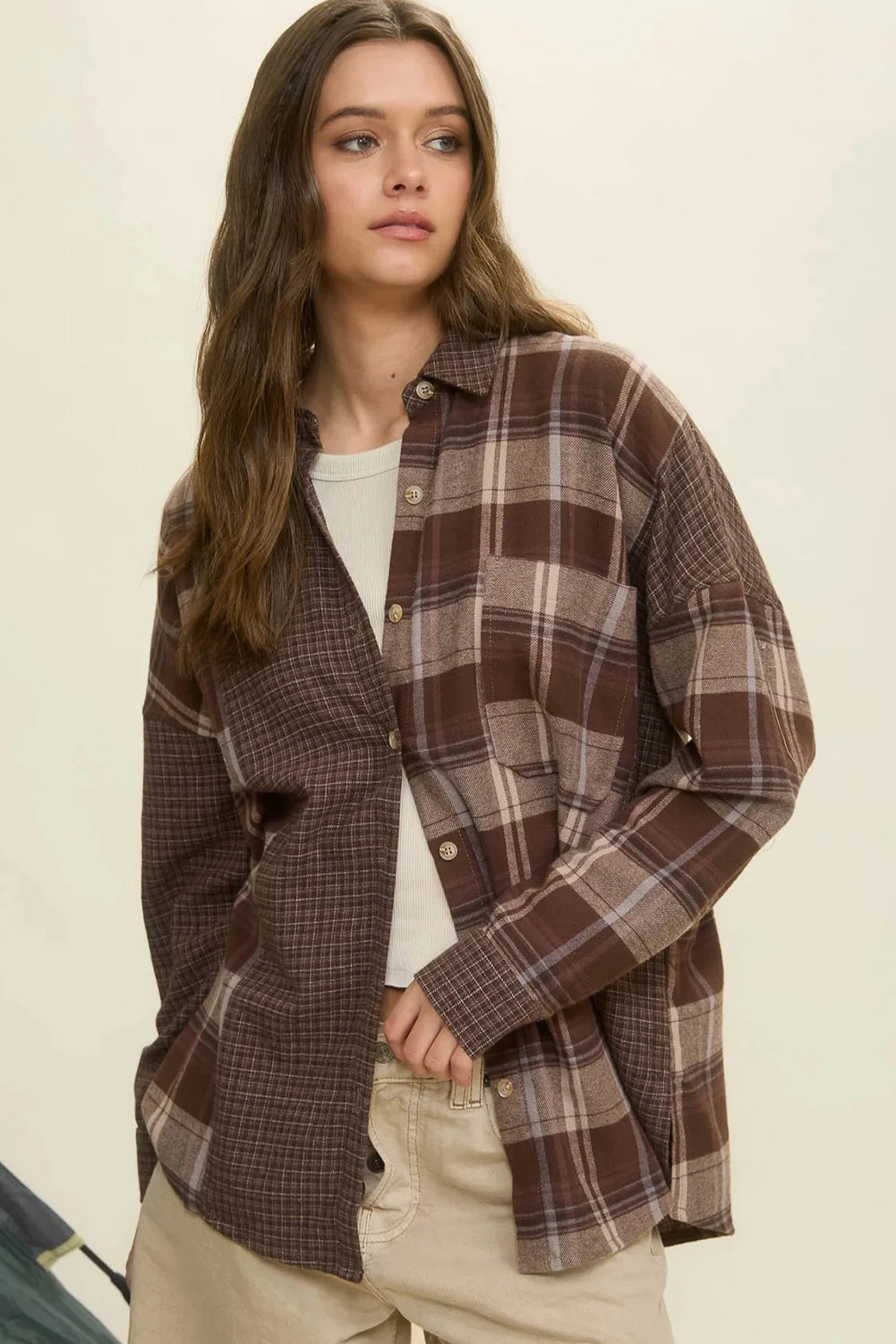 Brown Retro Plaid Patchwork Oversize Shirt
