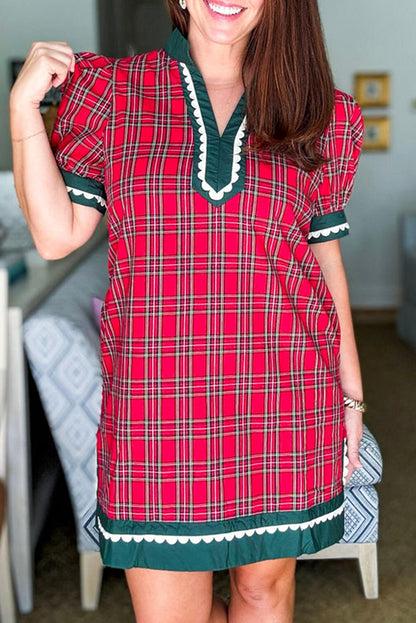 Racing Red Festive Plaid Ricrac Contrast Patchwork V Neck Short Sleeve Mini Dress