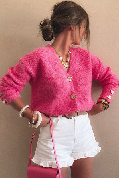 Strawberry Pink V Neck Heart Chunky Knit Metal Button Sweater Cardigan