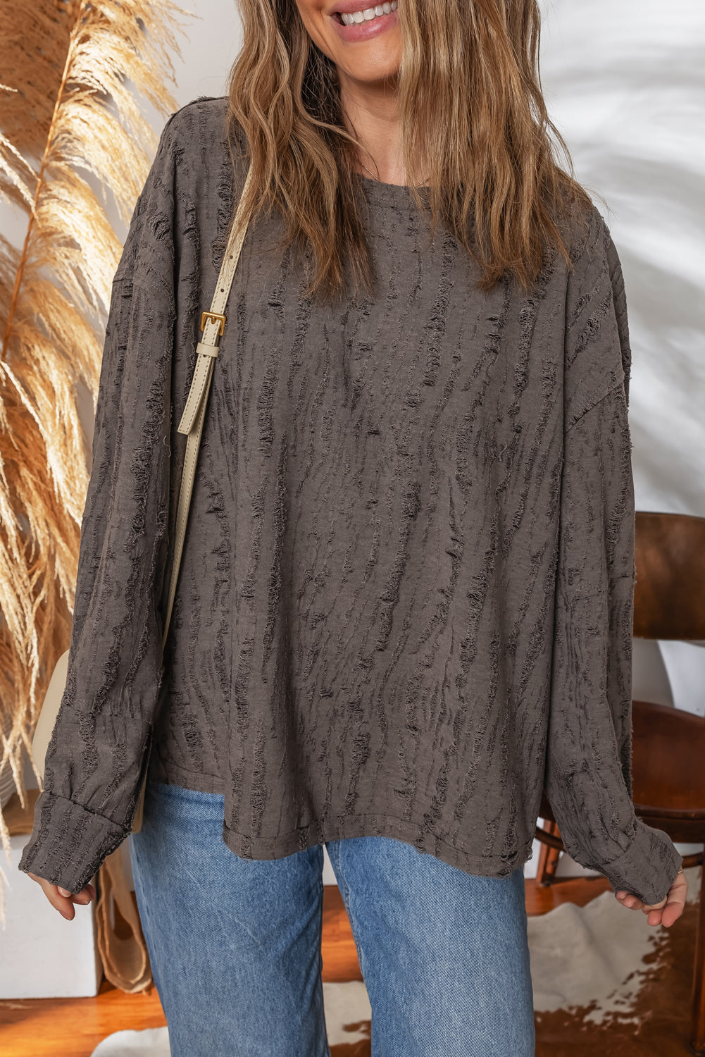 Dark Brown Distressed Drop Shoulder Loose Long Sleeve Tee