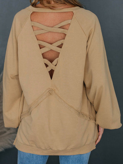 French Beige Lattice Hollow Out Back Sweatshirt for Casual Chic Comfort