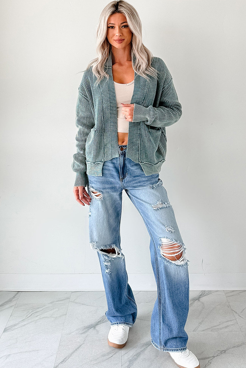 Evergreen Mineral Wash Exposed Seam Patchwork Knit Open Sweater Cardigan